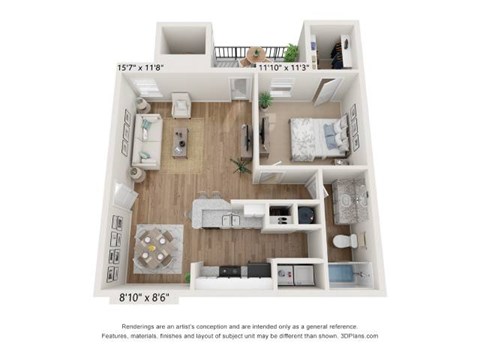 Floor plan for 1 bed, 1 bath, 680 sqft